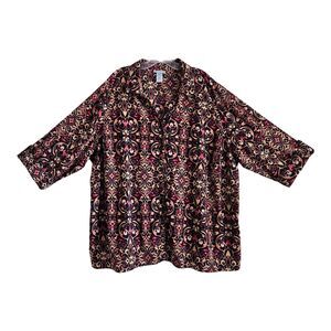 CATHERINES Plus Size 3X Tunic Shirt Paisley Black Gold Burgundy Button Up 56"